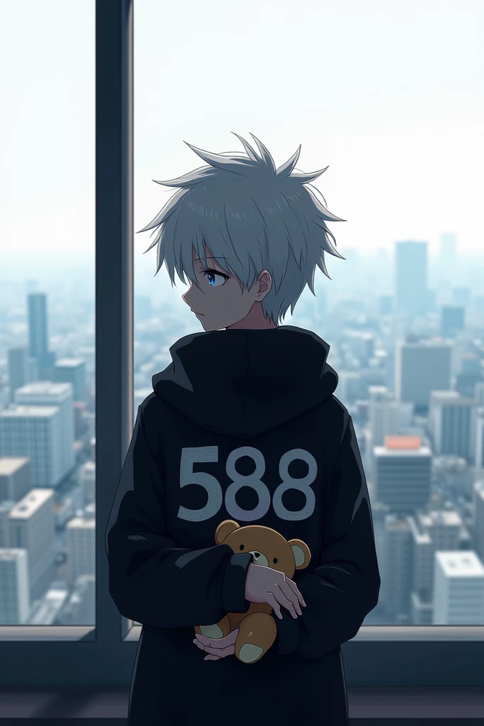 An anime boy with blue eyes, white hair, a black hoodie with the word 588 written on it, and holding a teddy bear, stood facing the window and looking out over the city.