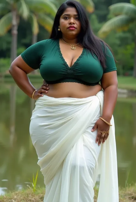 Indian extreme plus size BBW chubby fat busty dark skinned wide woman with dusty face with large breast and large fat curvey figure and wide shoulder and long hair and wearing dark green deep neck tight fitting and half sleeve blouse with displaying cleava...