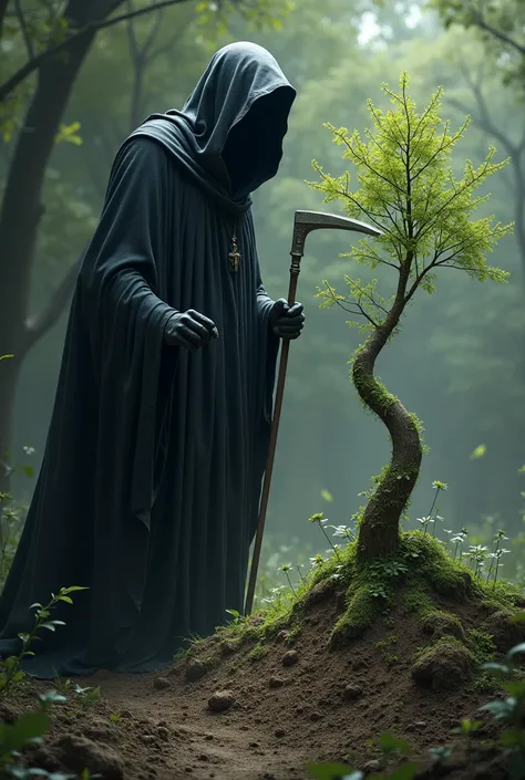 Death with its black hood and its sickle ,  digs a grave where there is a beautiful fairy buried .  But since the
Tumba grows an even more beautiful tree 