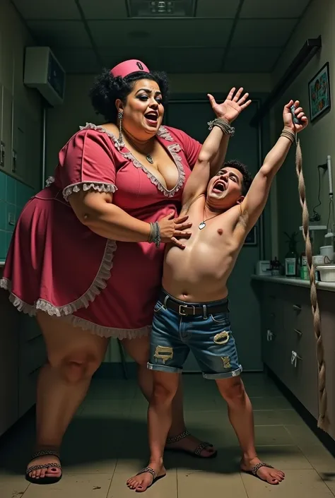 In a basement, a very fat puerto rican female drag queen in a nurse outfit, is tickle torturing a helpless young skinny boy who is tied to a wall with arms overhead