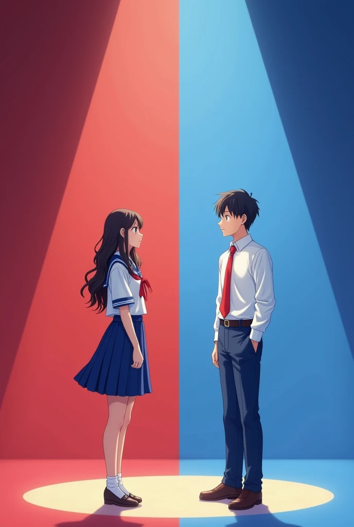  Two characters are placed on a stage divided into two halves by a background of contrasting colors,  red and blue ,  separated by a line that marks the division .  The girl is on the red side .  has long hair, slightly wavy,  and an attractive face that w...