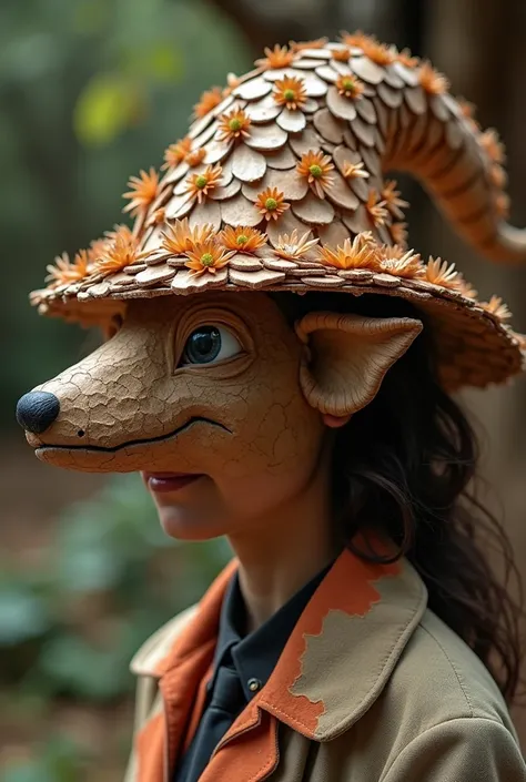 hat made of wood waste that looks as if thousands of small pieces had stuck together,  similar to making a piñata with pieces of paper 