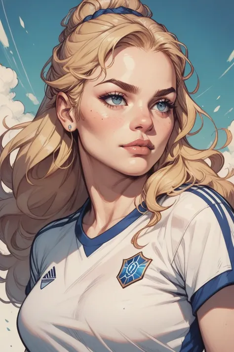 DO YOU DRAW A PICTURE OF A BLONDE LADY WITH LONG HAIR WITH A FRONT PROFILE WEARING A SOCCER SHIRT 