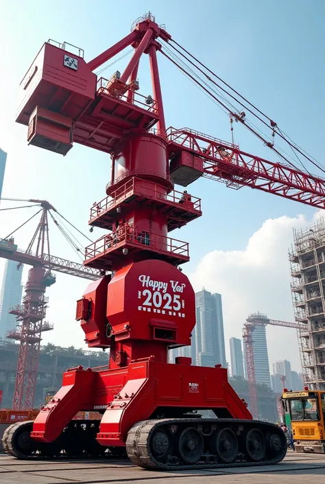  Crawler structural crane color red , brand AURIGA , carrying a sign that says happy year 2025.