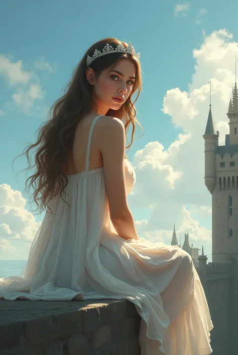 A beautiful young woman sits on the edge if a castle wall. Her soft beautiful curves are accentuated by the light nightdress she wears. On her head is a light and airy silver tiara. Her long hair is spread down her back in waves. Her beautiful green eyes g...