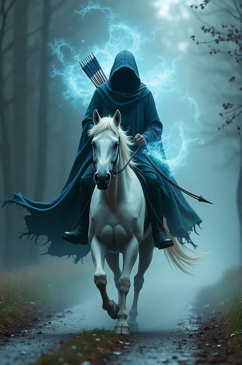  Hooded mystical entity that creates light and dark .  Riding on a white horse running carrying a bow and arrow . Showing his true power  .  Running on a road without much brightness or darkness  