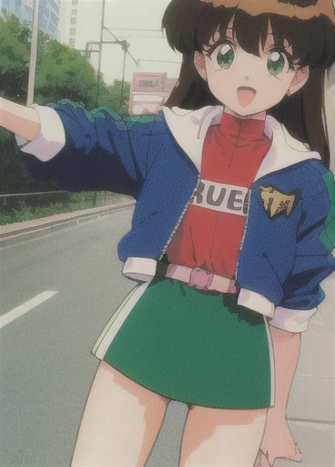 Asusdol,  1 girl, Alone, heart,  hair ornament,emerald green eyes,  short jacket,  dress, open mouth, 1990s ( style for stilets), looking at viewer, smile,  outdoor, null,  Cowboy Shot ,  clevis cut out,  race queen 、lean forward