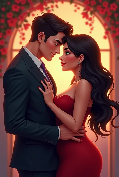  High quality book cover , cartoon romance book .  Beautiful sensual and passionate couple , lovers. Hes a beautiful man,  with muscles ,  short dark hair,  green eyes. Do you wear a dark suit.  She is a beautiful woman with dark and long hair and a round ...