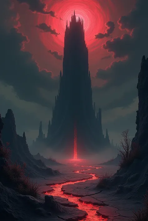 An ominous, towering dark structure with a mysterious aura, surrounded by a surreal, apocalyptic landscape. The ground is cracked and barren, glowing with faint, eerie red fissures, while the sky is filled with swirling, stormy clouds in shades of black an...