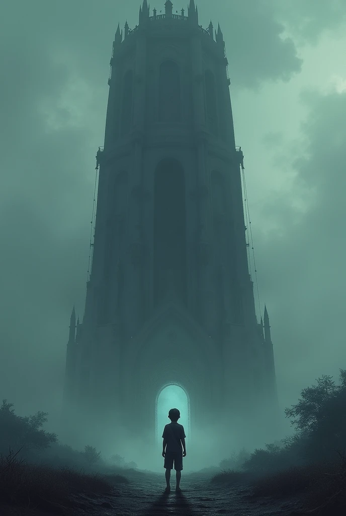 A towering dark tower, a fearless boy, looking up and staring, an endless challenge,