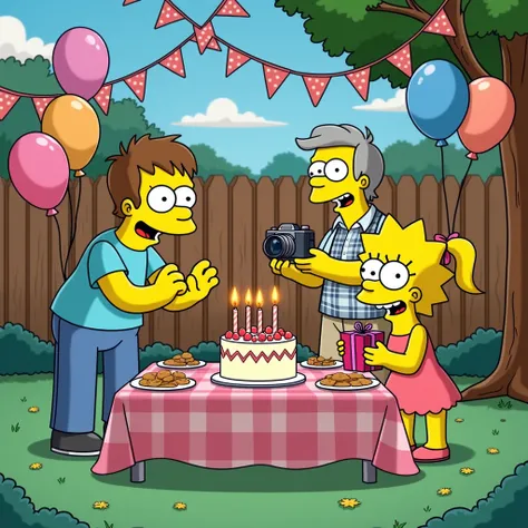 Create an image in the style of "Os Simpsons".  Dont include any characters from  "Os Simpsons" known , how homer, marge, Maggie, Lisa ou Bart Simpson.  Use only the drawing style of  "Os Simpsons"  to create new characters .

cena:  Birthday Party in the ...