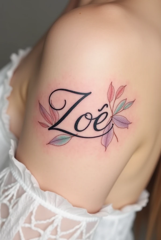 The name Zoé as a tattoo with a musical design with pastel colors
