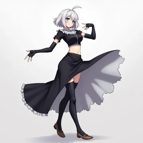 1girl,Vladilena,lenaface, blue eyes, breasts, looking at viewer, white  bob hair, medium breasts, antenna hair, hair between eyes, looking at viewer, ahoge, expressionless, bangs, white hair, black skirt, black  crop top,black thigh-highs,black elbow glove...