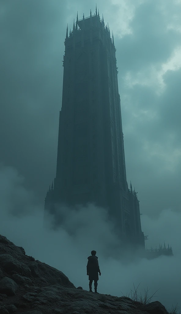 A towering dark tower, a fearless boy, looking up and staring, an endless challenge,