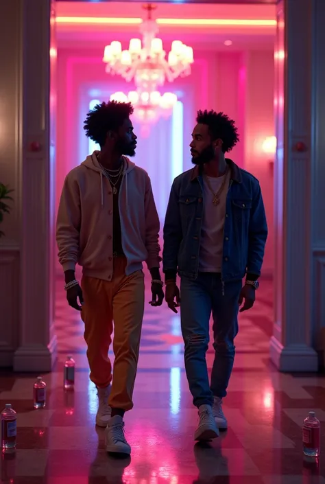 Close up of a black rapper walking with a chubby young black man with an afro into a room with neon lights and bottles of baby oil in a mansion, nightmare, dream-like, highest definition, highest details, highest quality 