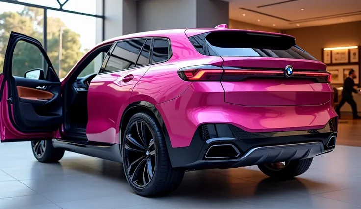 New 2025 Bmw X8 Back view pink Shiny Exterior Showcase Showroom Open side door