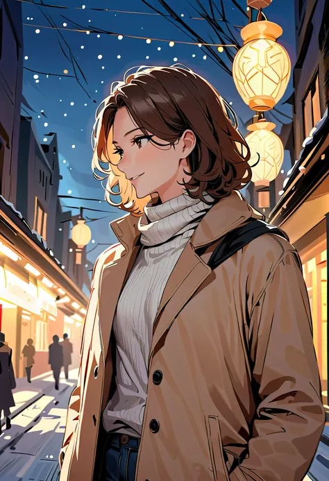 EyesHD:1.2, masterpiece, best quality, ultra-detailed, very aesthetic, sharp focus, depth of field, warm sunlight reflecting off snowy streets, cozy urban background, cinematic, handsome but stylish face, short-haired otokonoko, medium height, around 170cm...