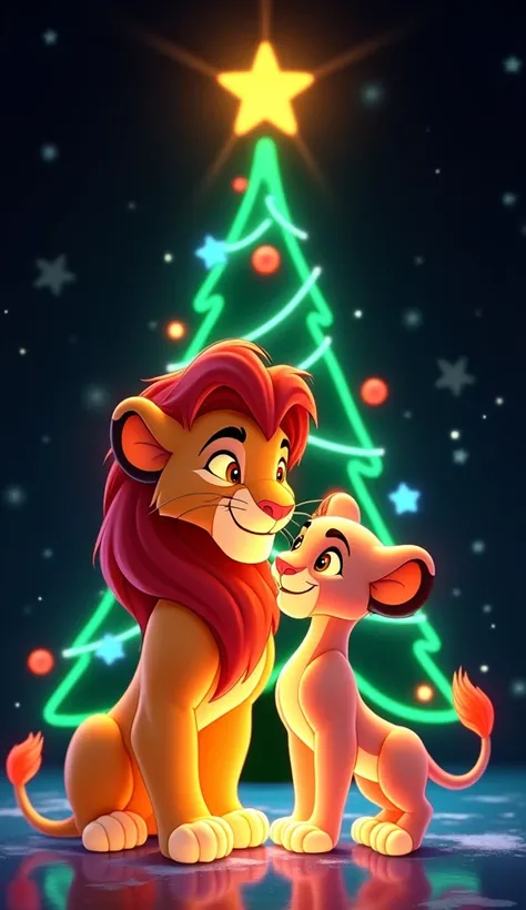 "A vibrant neon-style illustration of hyper-realistic cartoon characters resembling Simba and Nala from The Lion King, standing together in a playful yet tender pose in front of a glowing neon Christmas tree. Simba, on the left, glows with bright golden ne...