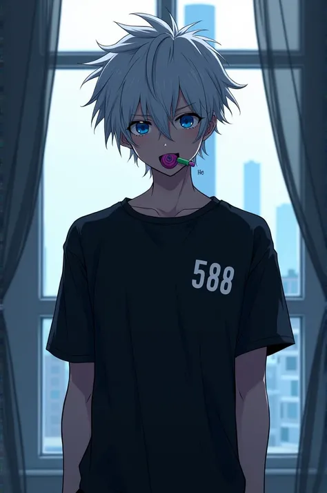 An anime boy with blue eyes, white hair, a black t-shirt with the word 588 written on it, and a candy in his mouth. Stand with your back to the window.