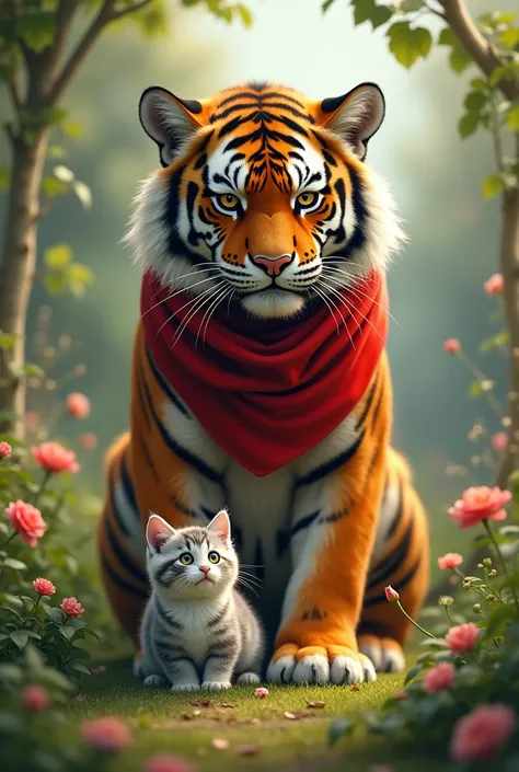 In the garden, next to a large tiger wearing a red scarf, a tiny, soft and cute kitten with white and gray fur looks at him in fear. 