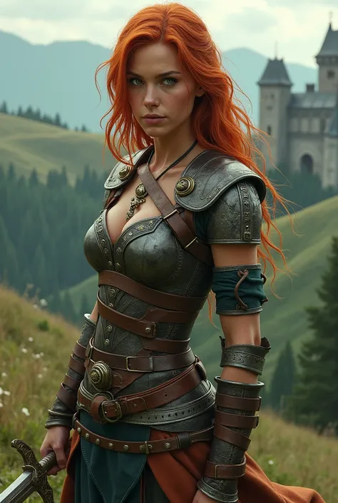 A beautiful woman with natural green eyes and red hair warrior in medieval times with a sword with special effects on the sword 