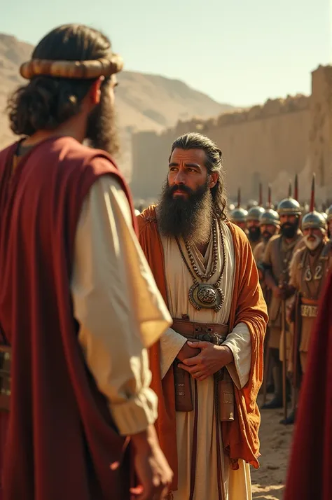 "Joshua giving instructions to the priests and soldiers, wearing ancient Hebrew garments, as they prepare to march around the walls of Jericho, in front of the city gates, the priests holding rams horns, the soldiers lined up in formation, dry desert terra...