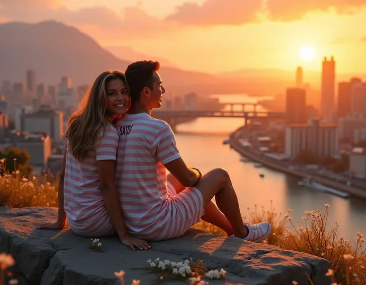 A young couple aged 29 years,  t-shirt,  wearing a couple outfit short striped outflit suit with on the shirt there is a name "Sandra" they are at the top of the cliff ,they are sitting on the rocks . sitting behind each other with a smile looking at the c...