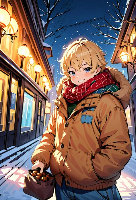 EyesHD:1.2, masterpiece, best quality, ultra-detailed, very aesthetic, sharp focus, depth of field, golden afternoon sunlight shining on snowy urban streets, bustling city background, cinematic, handsome but mischievous face, short-haired otokonoko, muscul...