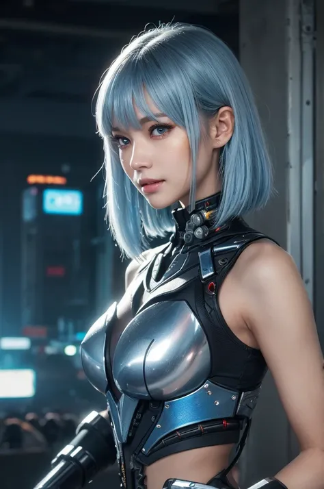 top-quality、​masterpiece、超A high resolution、(Photorealistic:1.4)、 1 girl、Light blue hair、Straight hair, shiny and clean hair、White shiny skin、Sexy Cyberpunk Girl、((super realistic details))、Shadow、octan render、ultrasharp、hyperdetailed face、Fiberglass、Lumin...