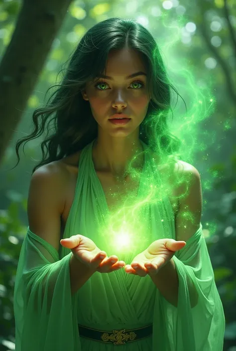 a young brown-skinned and green-eyed woman exuded the power of green aura from both her hands 