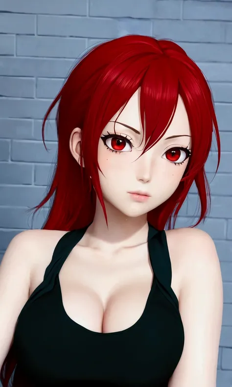 anime girl with red hair and black top posing for a picture,  Erza Scarlet as a real person , with red hair, she has red hair, crimson red hair and red eyes, semi-realistic anime style,  realistic anime art style ,  made with anime painter studio , ((red))...