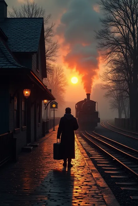  the old train station home at dusk 、 the cobblestone platform continues 。 the sign with 9 and 3/4 shines vaguely 、 an orange sunset shines in the background 。 A retro steam locomotive is slowly parked in the back 。 A silhouette with a suitcase standing in...