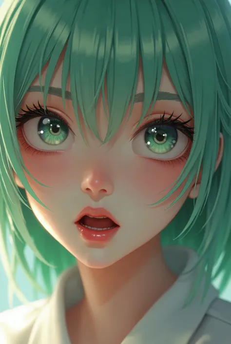 1girl, beautiful detailed eyes, beautiful detailed lips, extremely detailed eyes and face, longeyelashes, mint green hair, white shirt, (bags under eyes:1.5), (best quality,4k,8k,highres,masterpiece:1.2),ultra-detailed,(realistic,photorealistic,photo-reali...