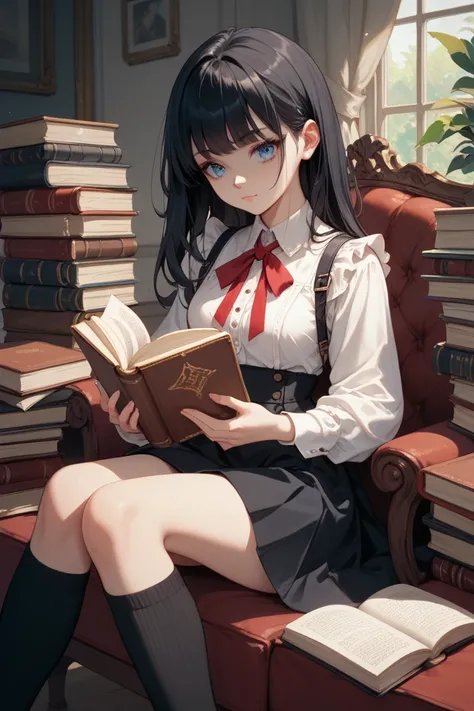 girl, Long fine black hair, bangs, whiteblouse, red ribbon, black skirt, black long socks, holding a book, blue eyes, expression less, sitting