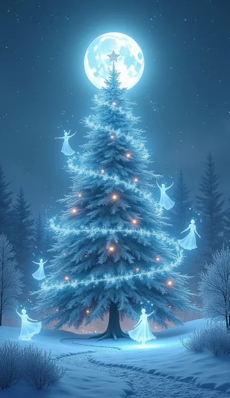  A towering Christmas tree glowing with magical energy, surrounded by dancing snow spirits under a moonlit sky.