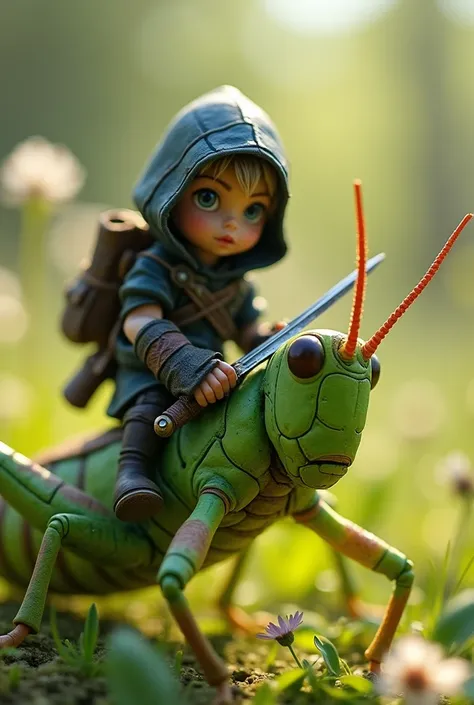 Macro photograph of a tiny rogue dressed in dark, tattered leathers, crouching on the back of a green grasshopper. The rogue holds a shimmering dagger and peers into the distance, ready for action. The grasshoppers textured legs and antennae are in sharp f...