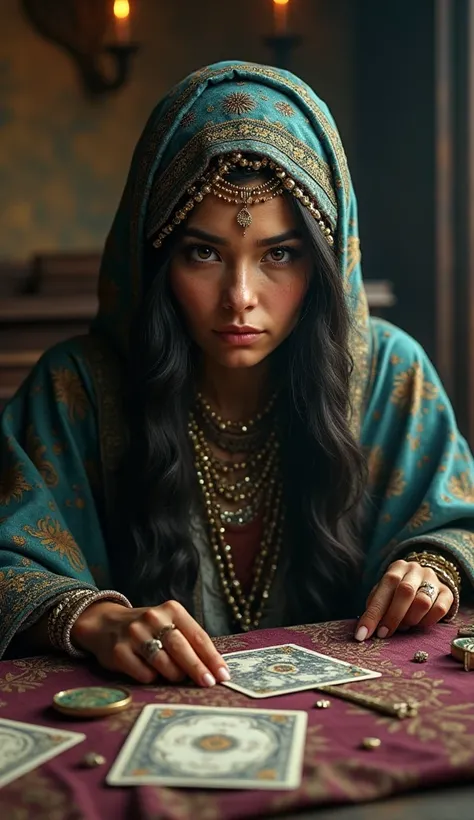 a fortune teller, With cards under the table , She is sitting at the fortune tellers table looking directly at the camera.  REALISTIC IMAGE, in high quality, 8k.