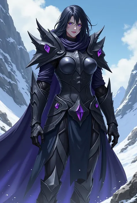 Female, 30 years Old, Muscular, Tall. Grayish skin. Purple eyes. Long, messy black hair. Purple freckles on her cheeks. Black Paladin Armor, Purple Crystal Details on her armor, Large Heavy Armor, Ripped Dark Cloak. Brutality, Dark Paladin. Anime. Snowy Mo...