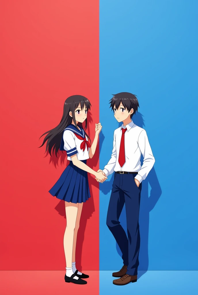  anime style:  Two characters are placed on a stage divided into two halves by a background of contrasting colors,  red and blue ,  separated by a line that marks the division .  The girl is on the red side .  has long hair, slightly wavy,  and an attracti...