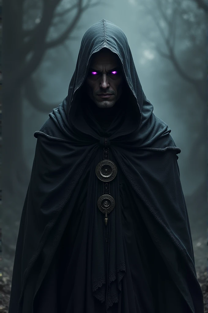 A dark wizard, with black clothes covering her entire body, purple eyes,  serious expression 