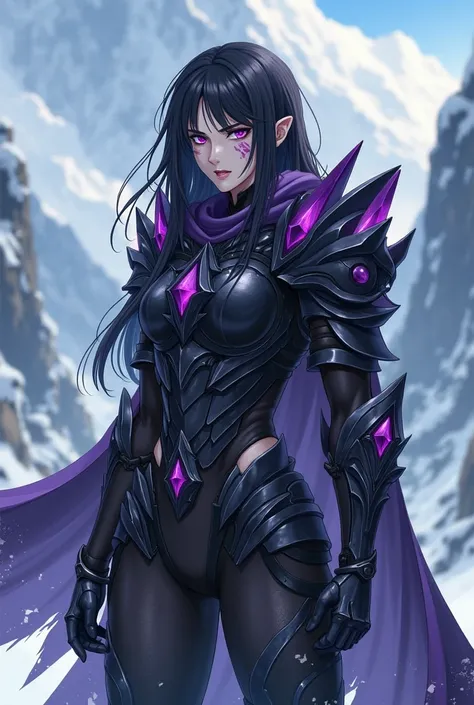 Female, 30 years Old, Muscular, Tall. Grayish skin. Purple eyes. Long, messy black hair. Purple freckles on her cheeks. Black Paladin Armor, Purple Crystal Details on her armor, Large Heavy Armor, Ripped Dark Cloak. Brutality, Dark Paladin. Anime. Snowy Mo...