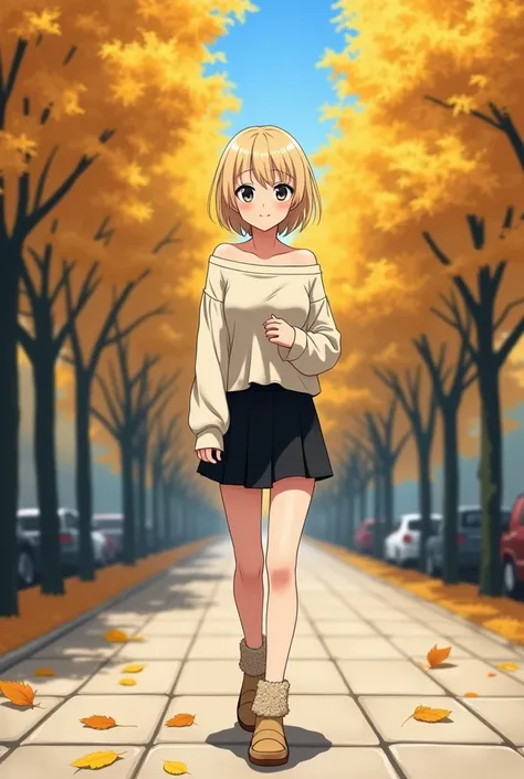 A realistic depiction of a Japanese woman 
Woman (ethnicity:1.1, age:1.1, body type:1.1, pose:1.2),  light blonde hair,  wearing a cream-colored, off-the-shoulder top, black mini skirt, and light brown fluffy socks with slippers, walking along a paved path...