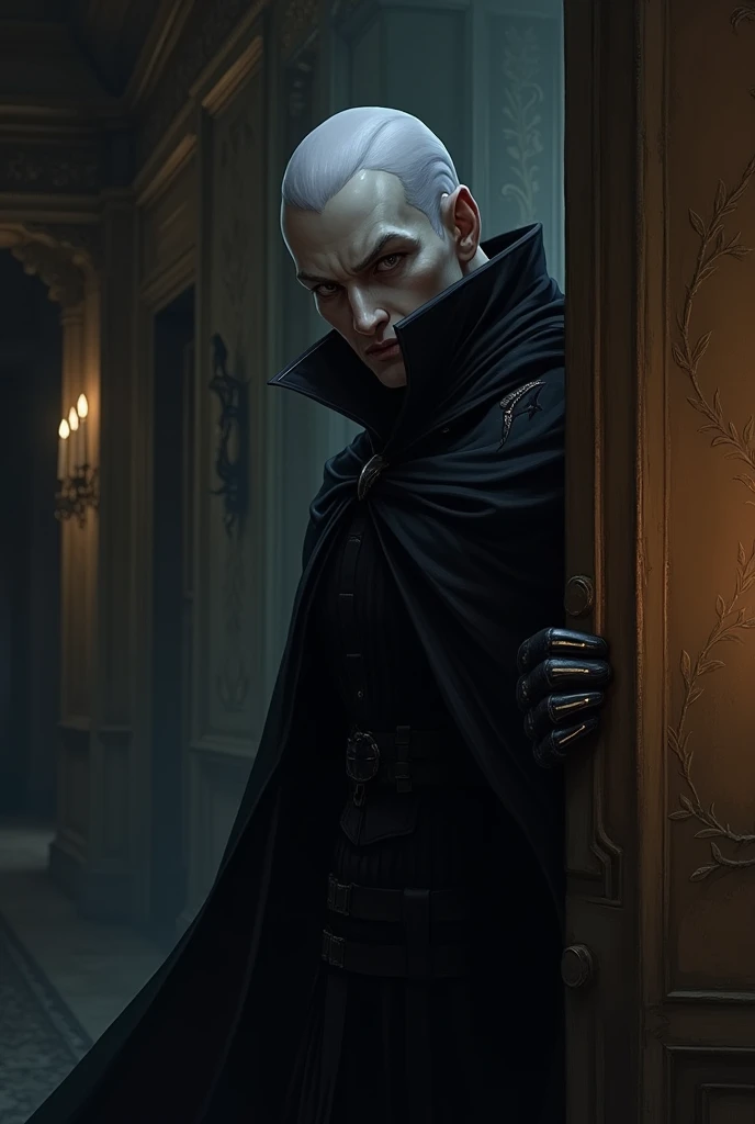 Hubert von Vestra from Fire Emblem peeping past a corridor with murderous intent