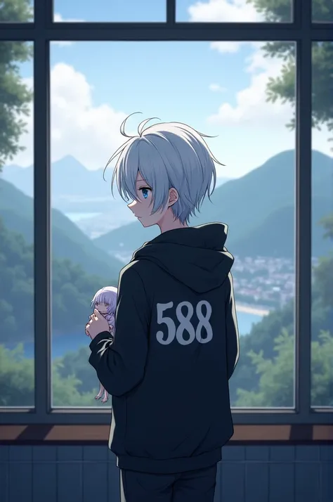 An anime boy with blue eyes, white hair, a black hoodie with the word 588 written on it, stood holding a doll and looked at the view from the window.