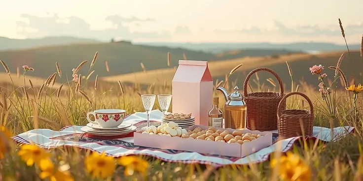 Pink hue，Outdoor picnic photography， and no figures，A large snack box in the middle