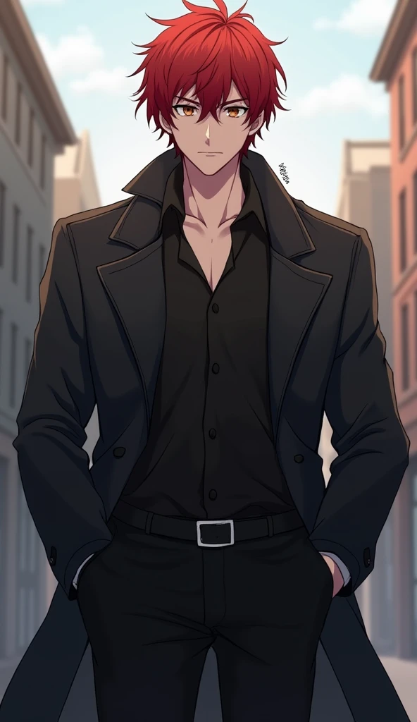 Man, red hair,messy hair,  showing the forehead, curtain fringe, brown eyes, strong body,  light smyle ,black trench coat open, black blouse underneath, black pants, in the city [[[  high quality ]]][[[ tall details ]]] Ultra HD,   High resolution , anime ...