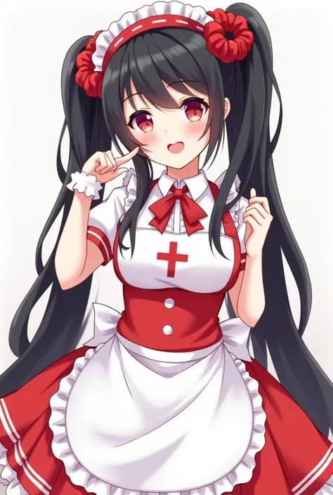 The character has long, black hair with a red headband. The hair is styled in two pigtails with red fluffy scrunchies. The hair is drawn in a very detailed and realistic style, with individual strands visible. The characters hair is very well-maintained an...