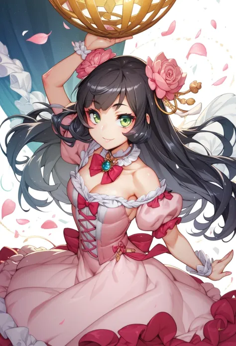 My name is Oyuki, I am a thirteen year old white girl with long black hair and light green eyes. Dressed in a pink dress