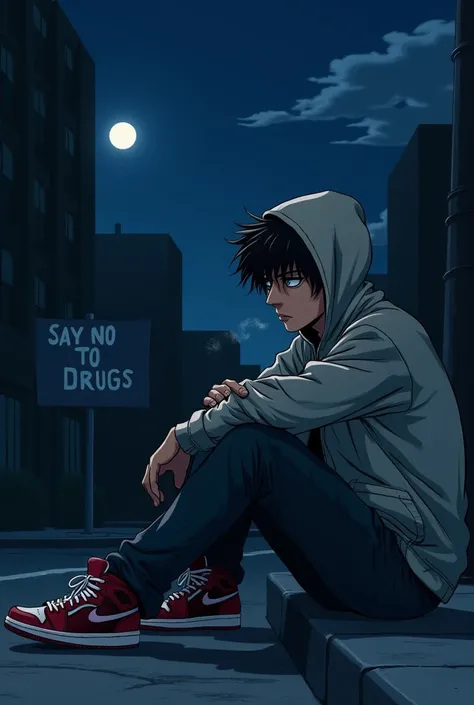 A man is sitting alone in the street. He is holding a cigarette in his hands. He is wearing a hoodie and a Jordon shoes. It is during night time. There is moon up in the sky. In the background there is written "say no to drugs".  The image should be of ani...