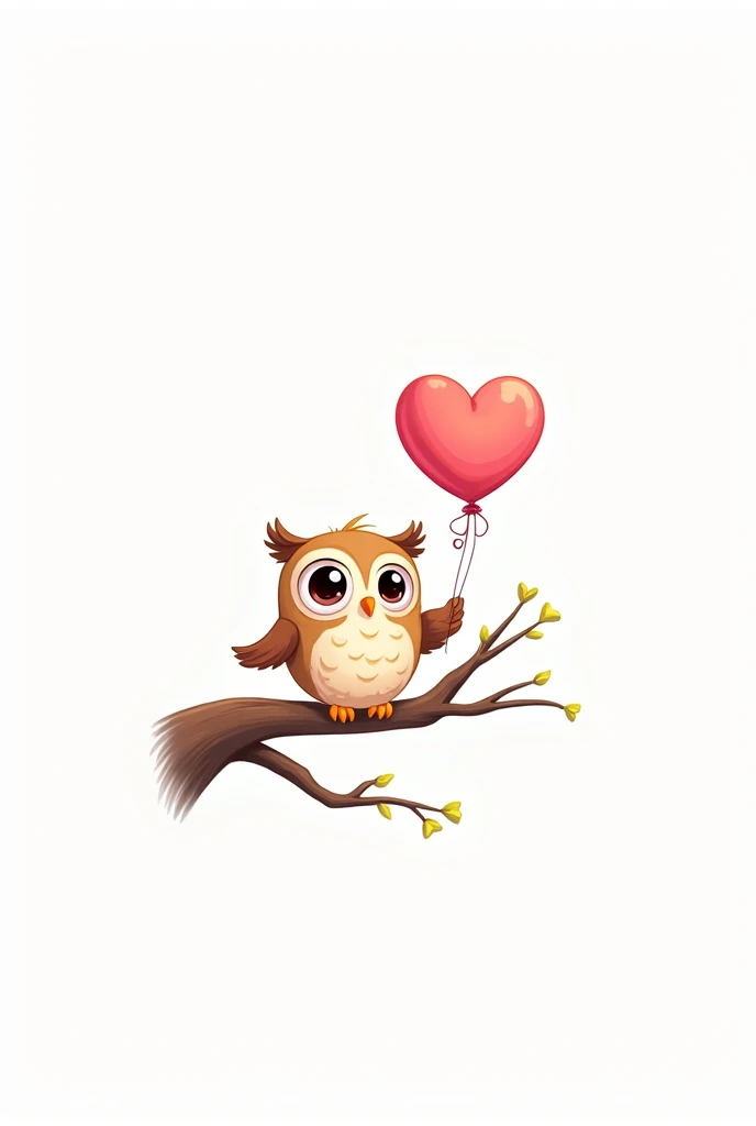 A cartoon owl sitting on a branch with a heart-shaped balloon tied to its wing with a plain white background.